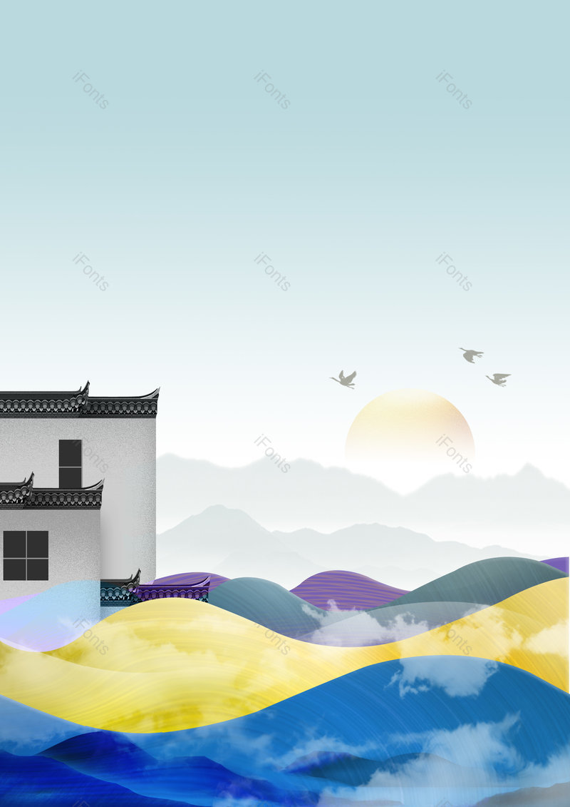 彩色中国风意境山水建筑物古风宣传背景,插画/手绘图,插画/手绘图库,插画/手绘图下载,插画/手绘
